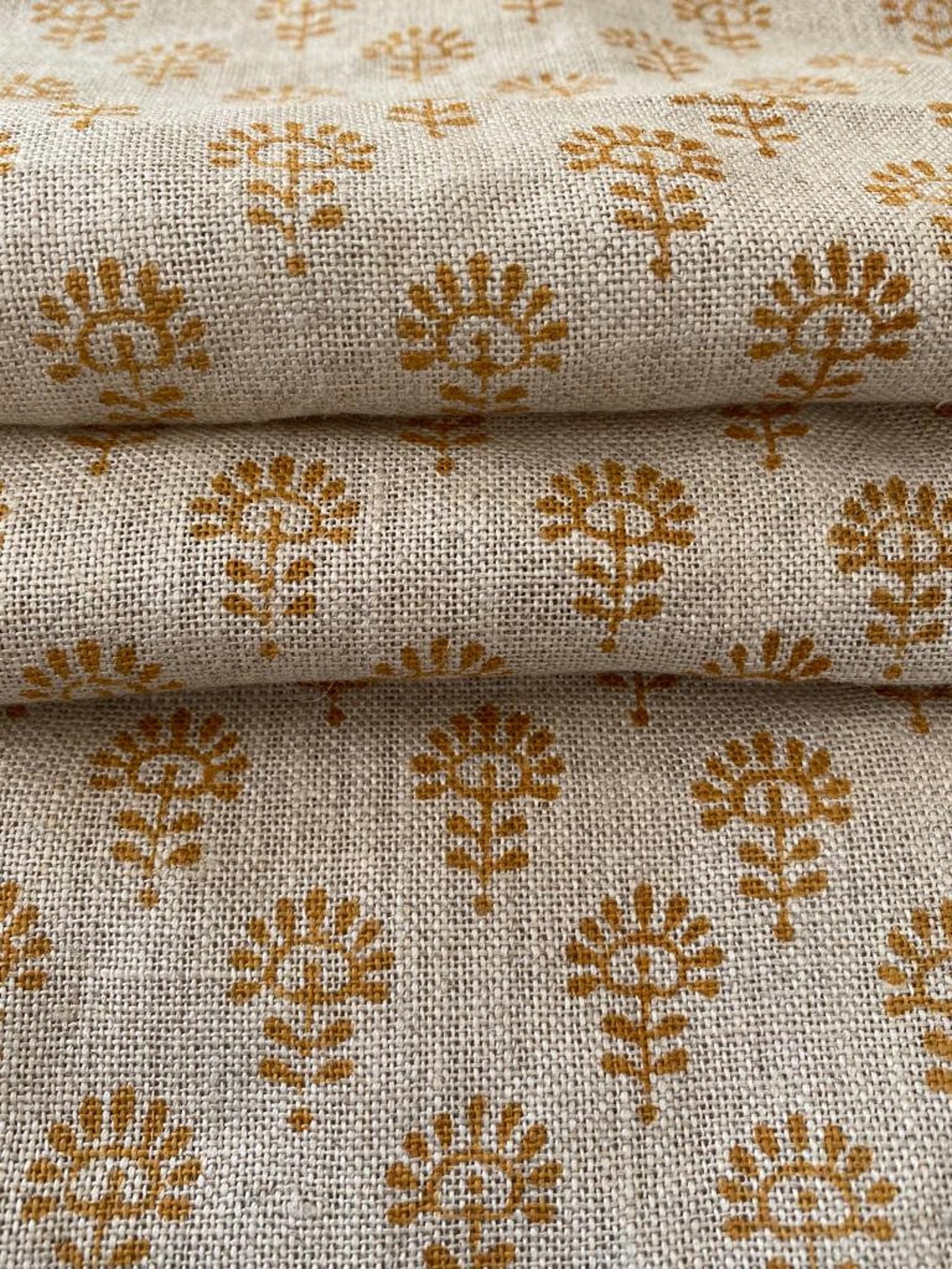 Handloom Linen Block Print Thick Linen Fabric Brown Floral Etsy
