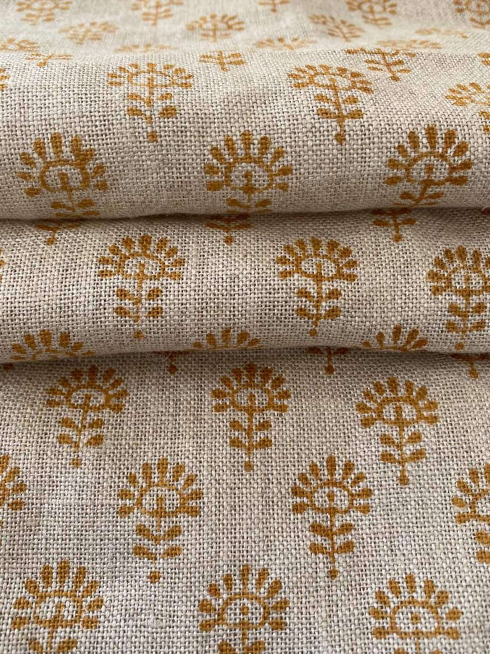 Handloom Linen, Block Print Thick Linen Fabric Brown Floral Block Print Upholstery Fabric