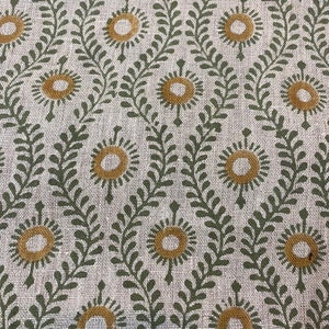 SHARRA || Handloom Linen Fabric Linen Fabric Flower Olive Green With Mustrad  Colour Upholstery Fabric, Pillow Cover ,Thick Linen Fabric