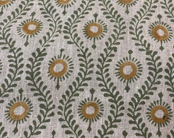 SHARRA || Handloom Linen Fabric Linen Fabric Flower Olive Green With Mustrad  Colour Upholstery Fabric, Pillow Cover ,Thick Linen Fabric