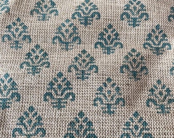 Block Print  Handloom Linen Fabric  Heavy Linen Fabric, Upholstery fabric ,pillow cover ,home décor Turquoise  Colour