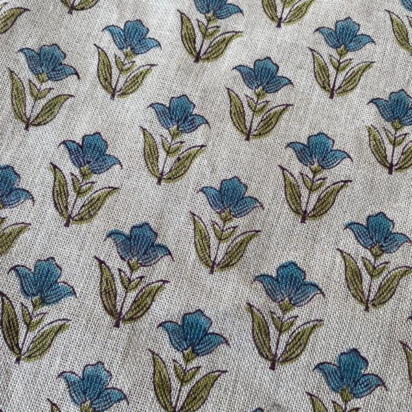 Small Flower Block Print  Handloom Linen Fabric  ,upholstery Fabric, pillow Cover Fabric, Thick fabric natural linen, Olive green- Turquoise
