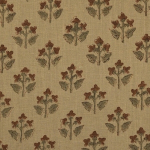 Puede incluir: Tela de color beige con un patrón repetido de racimos florales estilizados en tonos marrón y verde. Las flores tienen múltiples pétalos y están dispuestas simétricamente. El fondo tiene una apariencia texturizada.