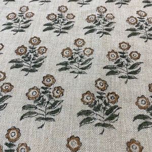 Vintage-Look Floral Printed Heavy Linen Cotton - Green / Dusty Teal / Earth  Tones - Fabric by the Yard