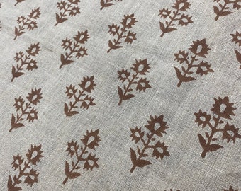 KEYY//Block Print Fabric Floral Print Linen, By the yards, Pillow Cover Fabric, ForTable Cloth, Hand Woven Thick Linen Fabric For Upholstery