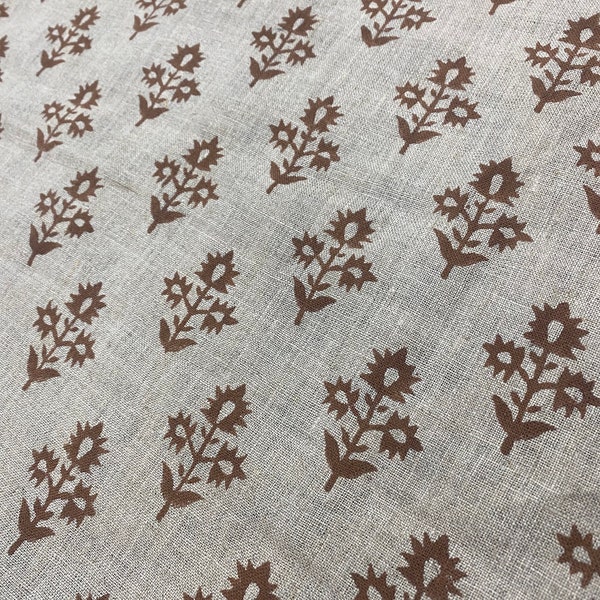 KEYY//Block Print Fabric Floral Print Linen, By the yards, Pillow Cover Fabric, ForTable Cloth, Hand Woven Thick Linen Fabric For Upholstery