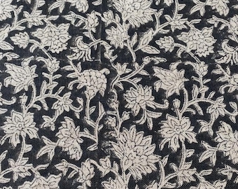 CHOKDI JALLBlock Print  Handloom Linen Fabric  Linen Fabric Flower Black  Colour Upholstery Fabric, Pillow Cover ,Thick Linen Fabric Natural