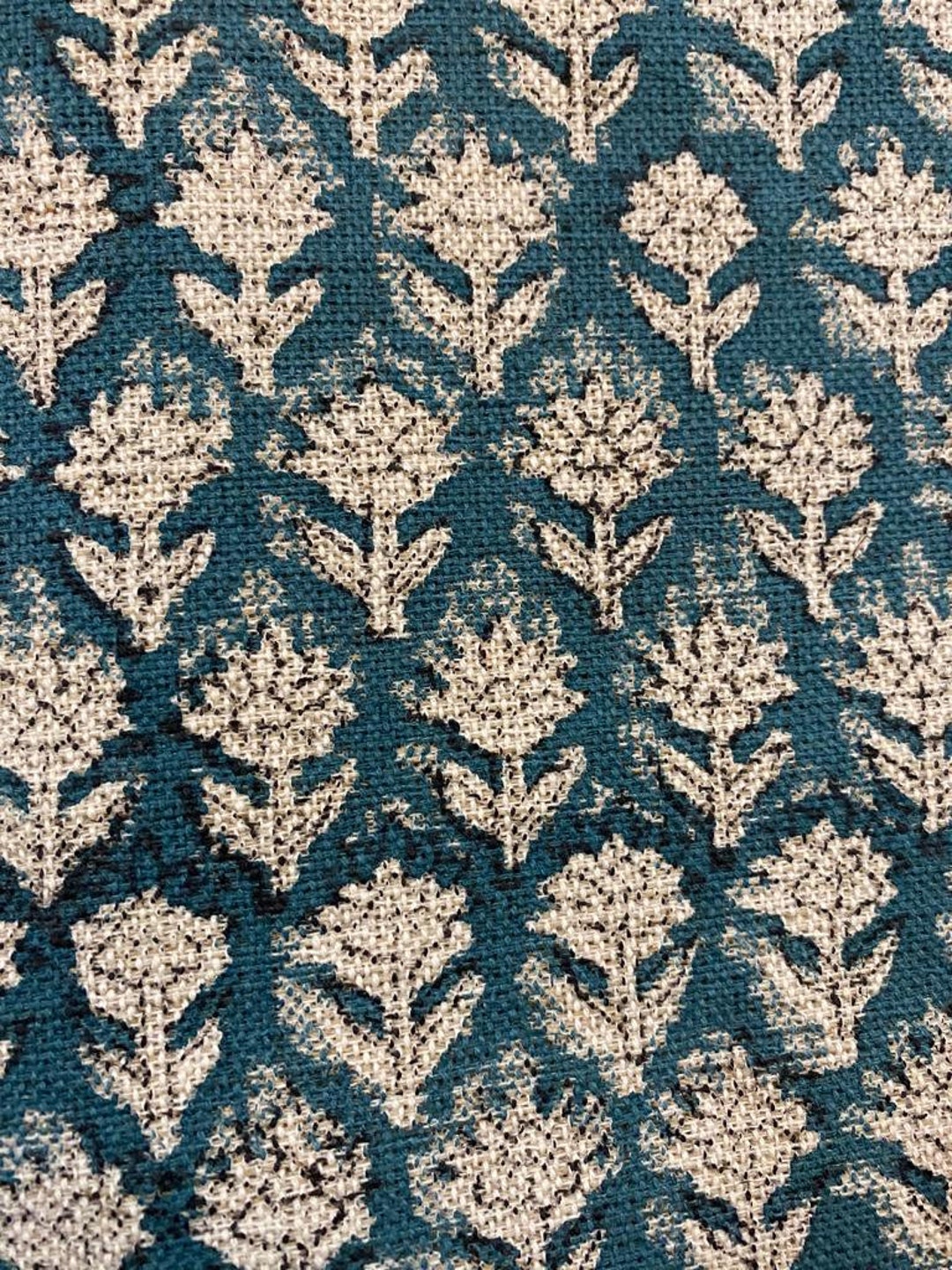 Teal Blue Block Print Handloom Linen Fabric Heavy Linen Fabric ...