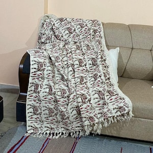 Boho Mud Cloth Throw Blanket with Tassels Hand Loomed Block Print Cotton Sofa Throw for Living Room Black Bedding Indian Throw 120X180 Cms