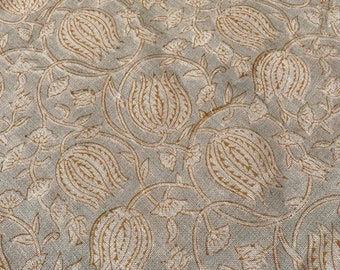 Lotus//Flower , Block Print Thick Linen Fabric |  Pale Blue  Floral Print Upholstery Fabric, pillow cover fabric, Curtain  Linen By The Yard