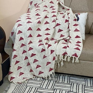 Bohemian Mud Cloth Throw Blanket with Tassels Hand Loomed Block Print Cotton Sofa Throw for Living Room 120X180 Cms