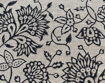 Block Print Fabric, Floral Print Linen, By the yards, Pillow Cover Fabric, For Table Cloth, Hand Woven Thick Linen Fabric For Upholstery
