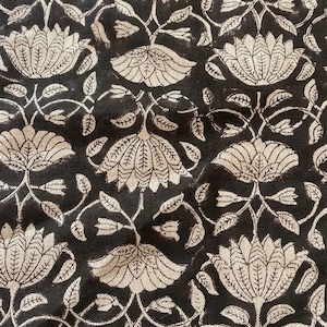Tulip Flower , Block Print Thick Linen Fabric |  Black   Floral Print Upholstery Fabric, pillow cover fabric, Curtain  Linen By The Yard