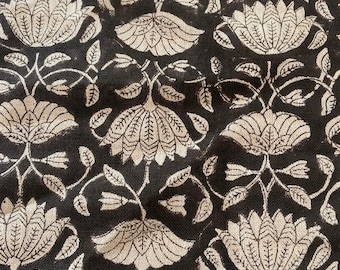 Flor de tulipa, tecido de linho grosso com estampa de bloco | Tecido de estofamento com estampa floral preta, tecido para capa de travesseiro, linho para cortinas por metro