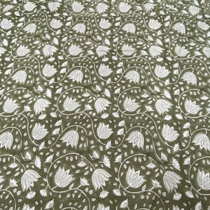 MYSTIQUE //Olive Green Lotus Flower Print Think Cotton Fabric ,Home Décor, Pillow Cover Fabric