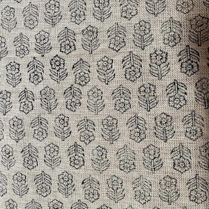 Block Print  Handloom Linen Fabric  Heavy Linen Fabric Black Floral Outlines  print