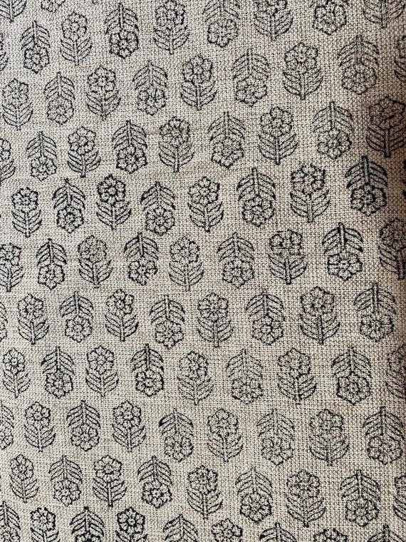 Block Print  Handloom Linen Fabric  Heavy Linen Fabric Black Floral Outlines  print