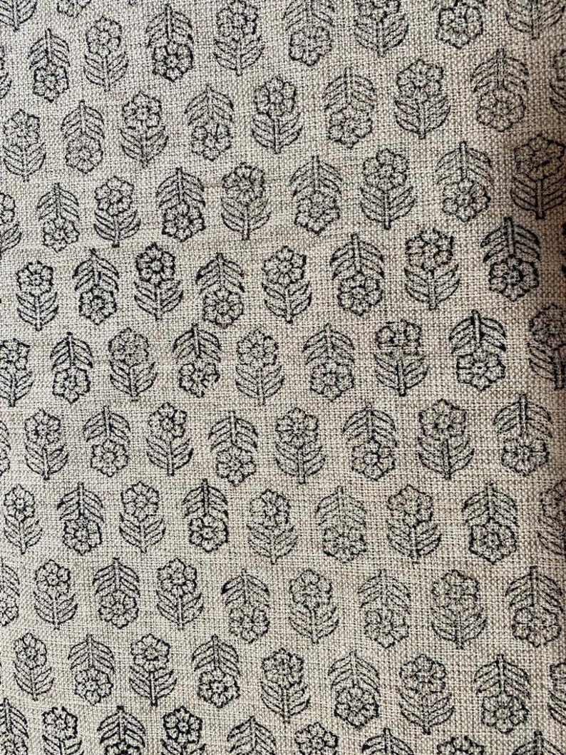 Block Print Handloom Linen Fabric Heavy Linen Fabric Black Floral Outlines print image 1