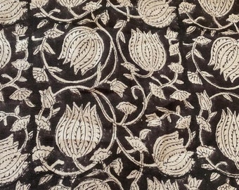 Flor de lótus, tecido de linho grosso com estampa de bloco | Tecido de estofamento com estampa floral preta, tecido para capa de travesseiro, linho para cortinas por metro