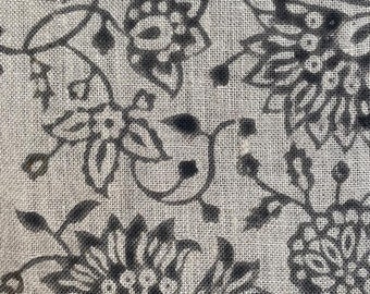 Block Print Fabric, Floral Print Linen, By the yards, Pillow Cover Fabric, For Table Cloth, Hand Woven Thick Linen Fabric For Upholstery