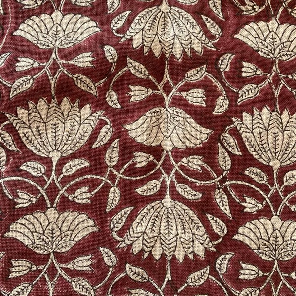 Tulip Flower , Block Print Thick Linen Fabric |  Dark Red   Floral Print Upholstery Fabric, pillow cover fabric, Curtain  Linen By The Yard