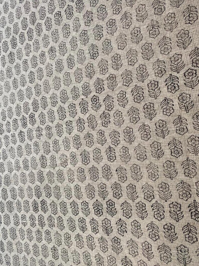 Block Print Handloom Linen Fabric Heavy Linen Fabric Black Floral Outlines print image 3
