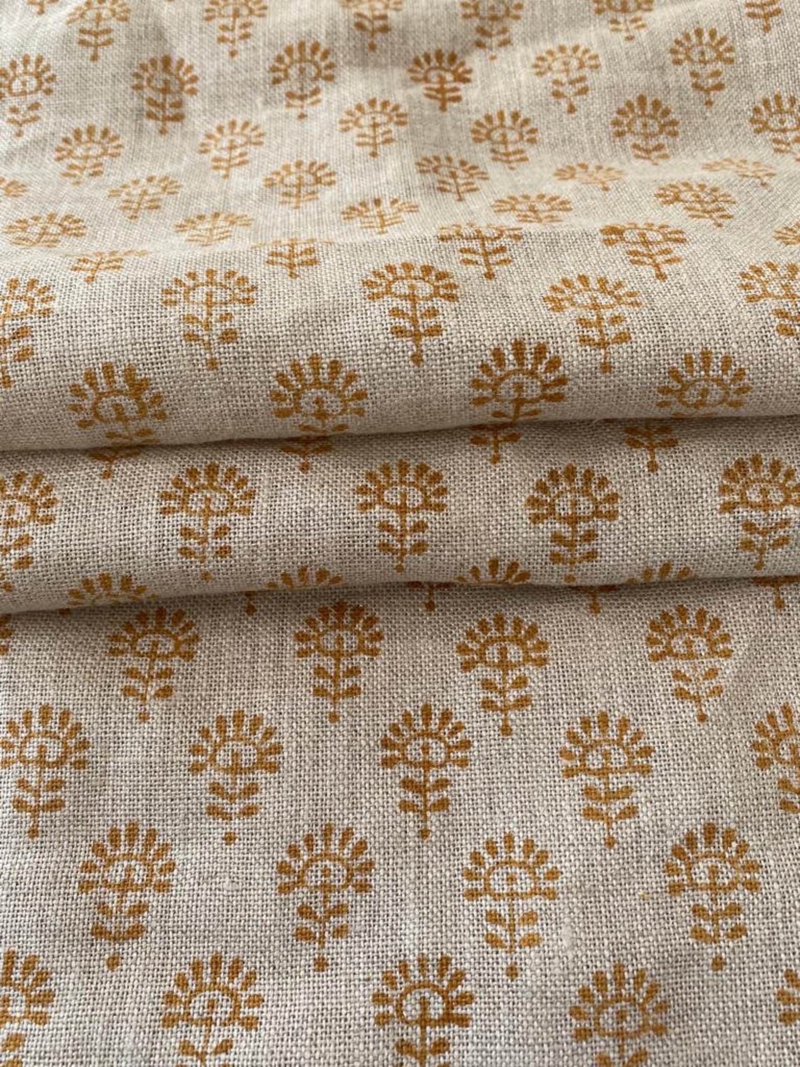 Handloom Linen, Block Print Thick Linen Fabric Brown Floral Block Print Upholstery Fabric