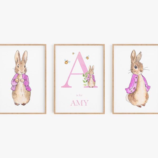 Peter Rabbit Nursery Print, Pink Flopsy Rabbit, Beatrix Potter prints, Set of 3 Nursery Prints, Bedroom Print, Bedroom Art, Nursery Decor