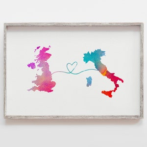 UK to Italy, England to Italy, Italy memory, watercolour map, long distance, traveller gift, home country gift, Italy gift, Britain to Italy image 1