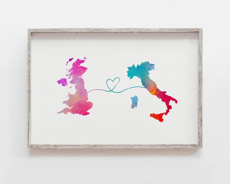 UK to Italy, England to Italy, Italy memory, watercolour map, long distance, traveller gift, home country gift, Italy gift, Britain to Italy image 1