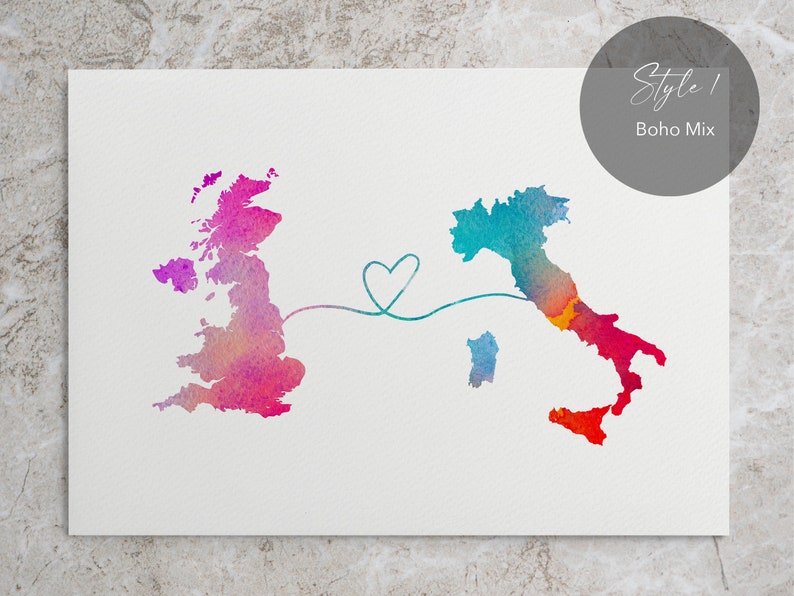 UK to Italy, England to Italy, Italy memory, watercolour map, long distance, traveller gift, home country gift, Italy gift, Britain to Italy STYLE 1