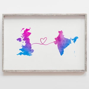 UK to India, England to India,  India map, India memory, watercolour map, long distance, traveller gift, home country gift, India map gift