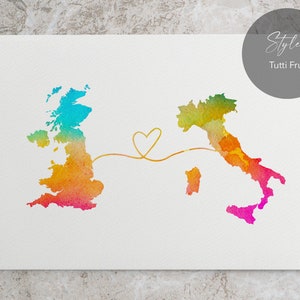 UK to Italy, England to Italy, Italy memory, watercolour map, long distance, traveller gift, home country gift, Italy gift, Britain to Italy STYLE 5