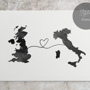 UK to Italy, England to Italy, Italy memory, watercolour map, long distance, traveller gift, home country gift, Italy gift, Britain to Italy STYLE 6