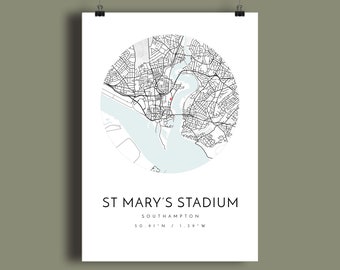 Southampton FC St Marys Stadium print, Favourite Soccer team, gift for him/her, wall art map print, Gift for Dad, Fathers Day, City print