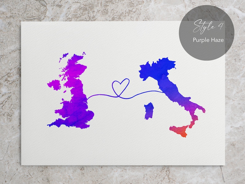 UK to Italy, England to Italy, Italy memory, watercolour map, long distance, traveller gift, home country gift, Italy gift, Britain to Italy STYLE 4