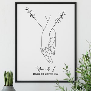 Holding hands custom line art print, Couples engagement, wedding, Love art, Paper Anniversary gift, First Anniversary, Minimalist, Soul Mate