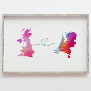 UK to Netherlands, England to Netherlands, Netherlands map, memory, watercolour map, long distance, traveller gift, Britain to Netherlands