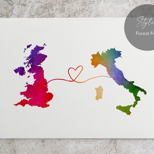 UK to Italy, England to Italy, Italy memory, watercolour map, long distance, traveller gift, home country gift, Italy gift, Britain to Italy STYLE 3