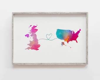 UK to United States, England to Usa, USA map, United States of America memory, watercolour map, long distance, traveller gift, USA gift