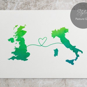 UK to Italy, England to Italy, Italy memory, watercolour map, long distance, traveller gift, home country gift, Italy gift, Britain to Italy STYLE 7