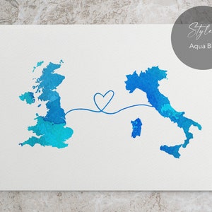 UK to Italy, England to Italy, Italy memory, watercolour map, long distance, traveller gift, home country gift, Italy gift, Britain to Italy STYLE 8