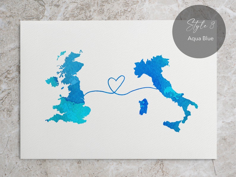 UK to Italy, England to Italy, Italy memory, watercolour map, long distance, traveller gift, home country gift, Italy gift, Britain to Italy STYLE 8