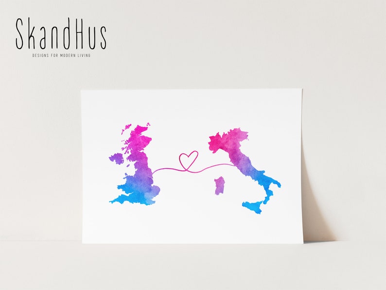UK to Italy, England to Italy, Italy memory, watercolour map, long distance, traveller gift, home country gift, Italy gift, Britain to Italy image 2