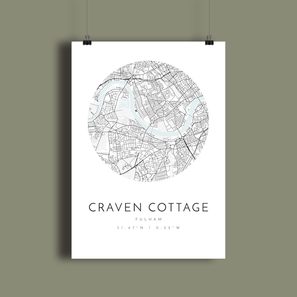 Fulham FC Craven Cottage Stadium print, Favourite Soccer team, gift for him/her, wall art map print, Gift for Dad, Fathers Day, City print