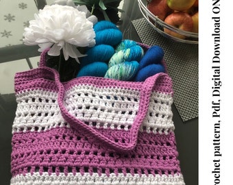 Key West Market Tote Crochet Bag pdf pattern, Beginner crochet market bag pattern digital download, easy diy crochet produce tote bag