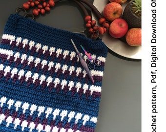 Mirror Stitch Shopper Crochet Tote Bag Pattern, Easy crochet bag pdf pattern digital download, Beginner diy crochet bag pattern