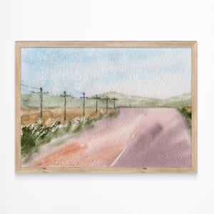 Country road watercolor painting Green nature mountains wall art Rustic village living room cottagecore decor Countryside landscape drawing