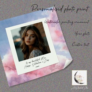 Regalo de fotografía polaroid único personalizado con marco de adorno de acuarela Impresión festiva del Feliz Día de San Valentín Retrato personalizado para novia enamorada