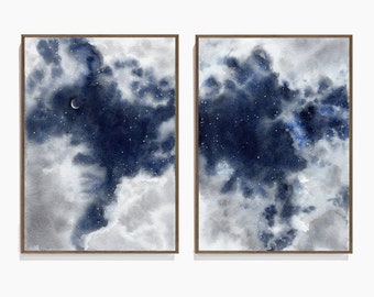 Lámina con cielo nocturno y nubes, lámina de noche estrellada para decoración de la habitación infantil, lámina espacial para la habitación del bebé, póster de luna creciente y estrellas para la habitación de los niños.